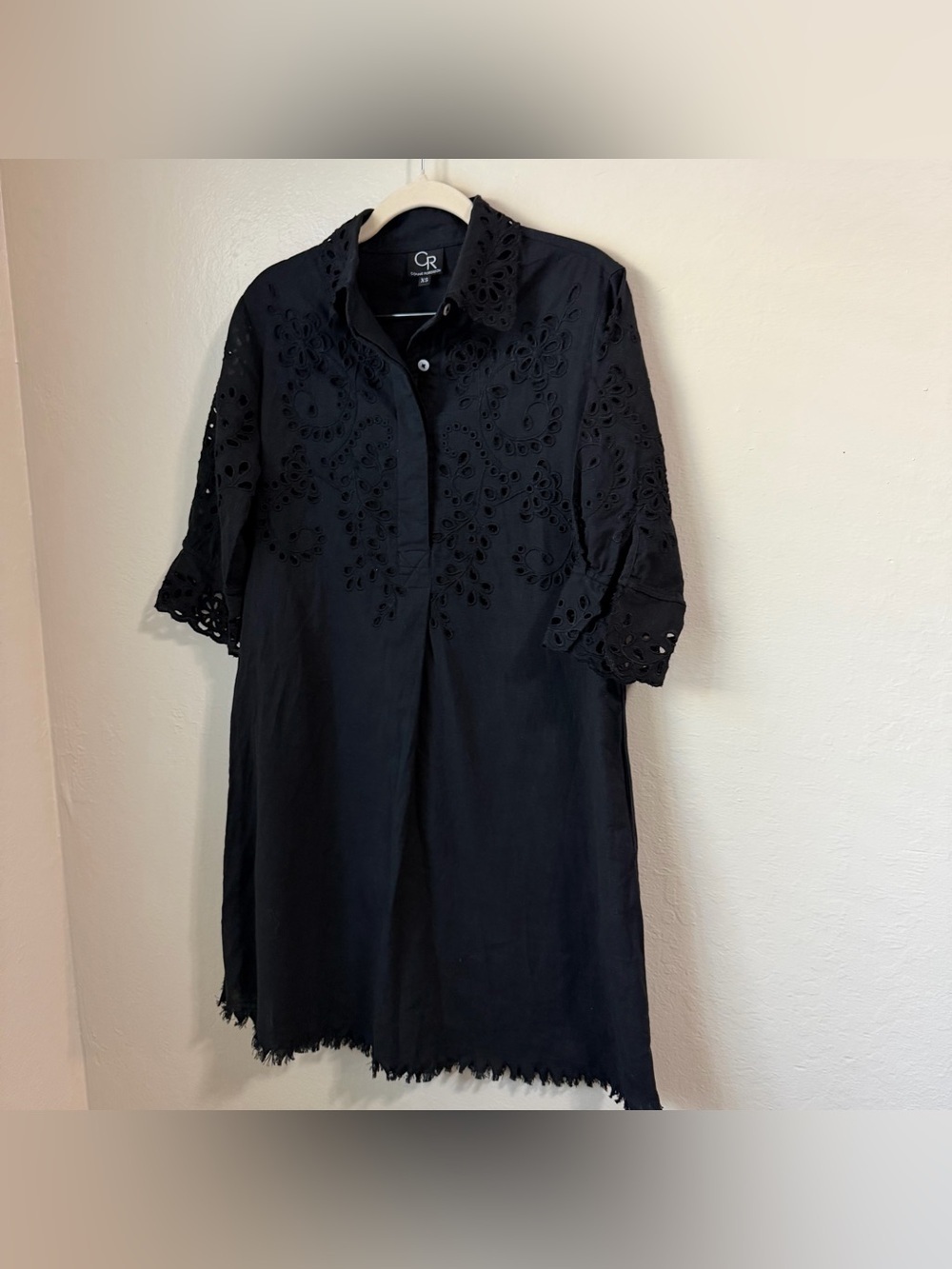 Connie Roberson Black Eyelet Button Down Tunic Shirtdress XS w/ pockets like new - Picture 2 of 10